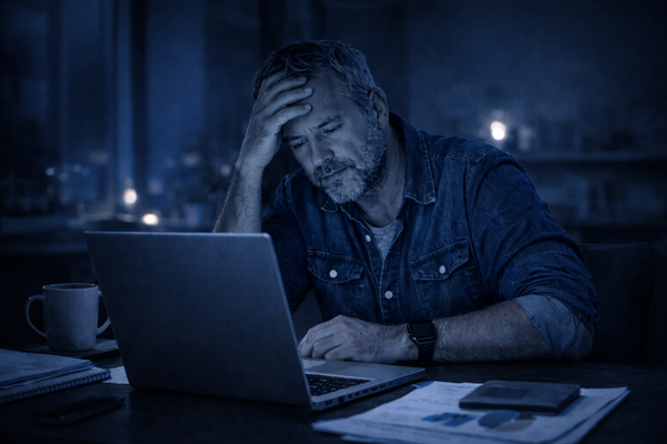 Ondernemer werkt 's avonds achter laptop